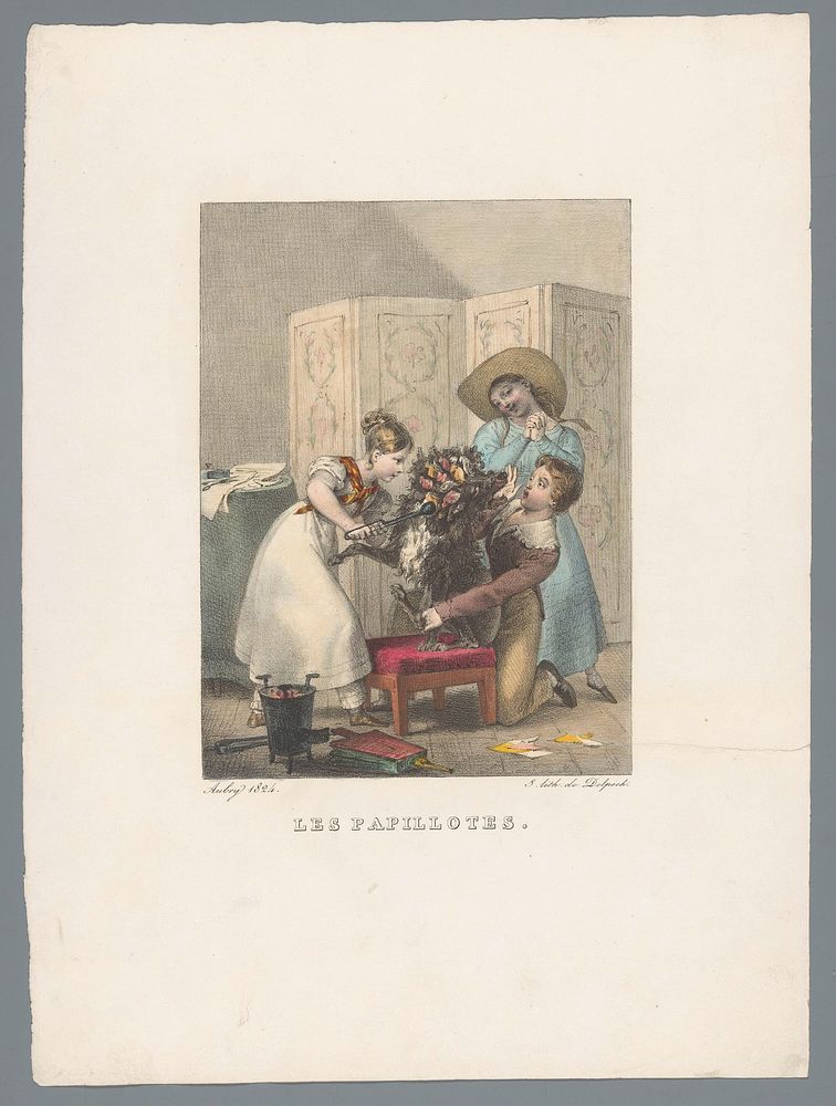 Drie kinderen geven een hond krullen met papillotten (1824) by Charles Aubry and François Séraphin Delpech