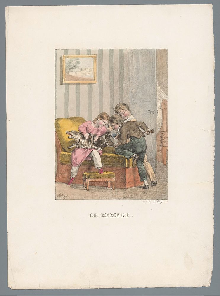 Drie kinderen geven een hond een spuit (1824) by Charles Aubry and François Séraphin Delpech
