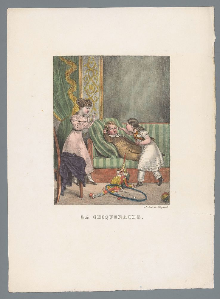 Meisje geeft een kleine jongen een vingerknip tegen de wang (1824) by Charles Aubry and François Séraphin Delpech