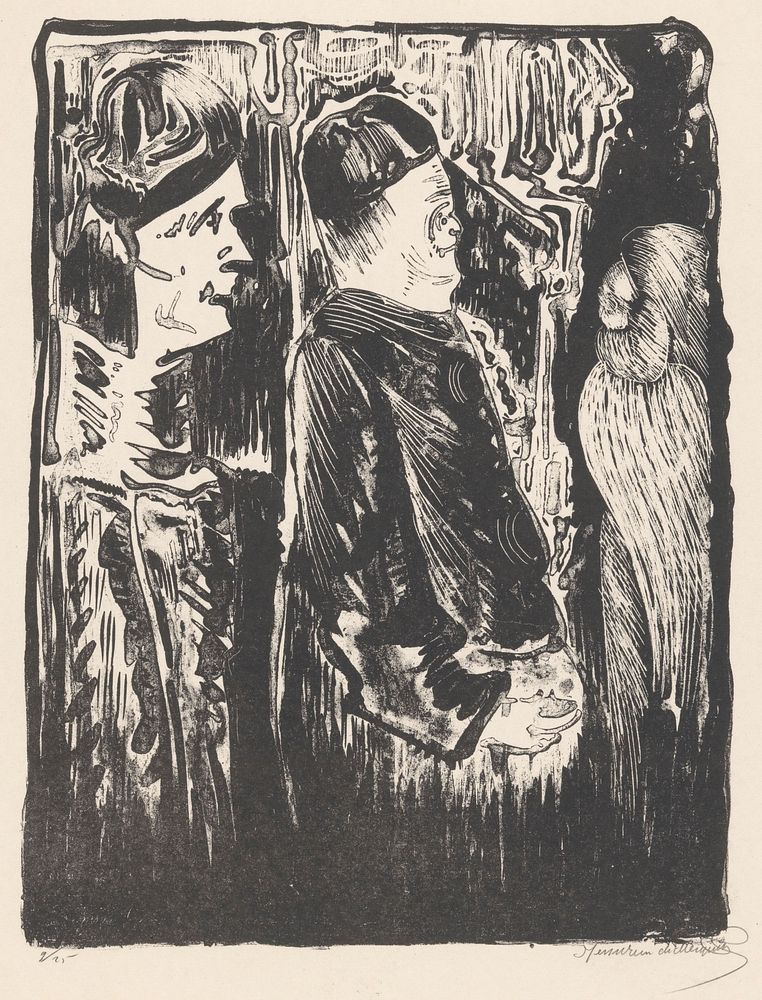 Fantasie: links twee figuren met mutsen op naar rechts, rechts een ingekraste verschijning met verenkleed (1919) by Samuel…