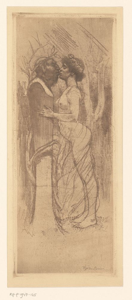 Naakte vrouw kust een beeld van een faun (1872 - 1934) by Armand Rassenfosse