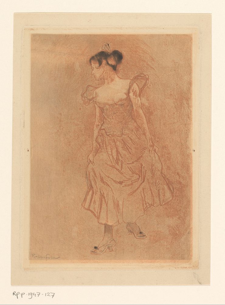 Vrouw houdt met beide handen haar rok vast (1897) by Armand Rassenfosse