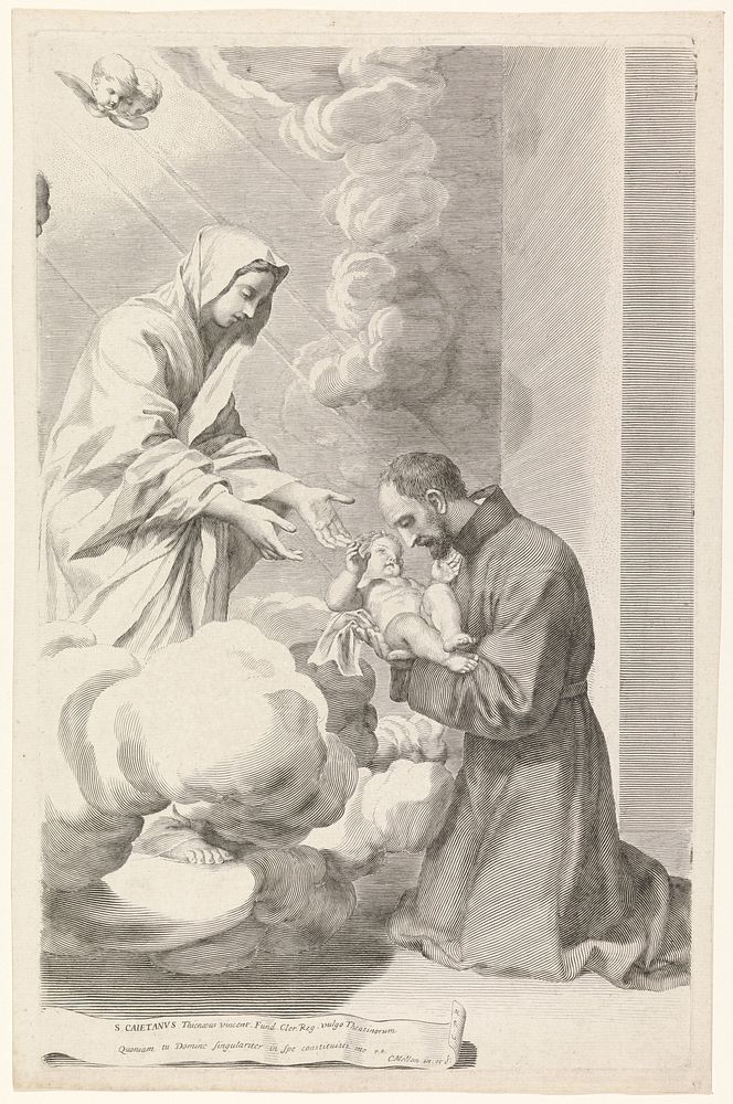 De H. Cajetanus van Thiene neemt van Maria het Christuskind in de armen (1671 - 1688) by Claude Mellan and Claude Mellan
