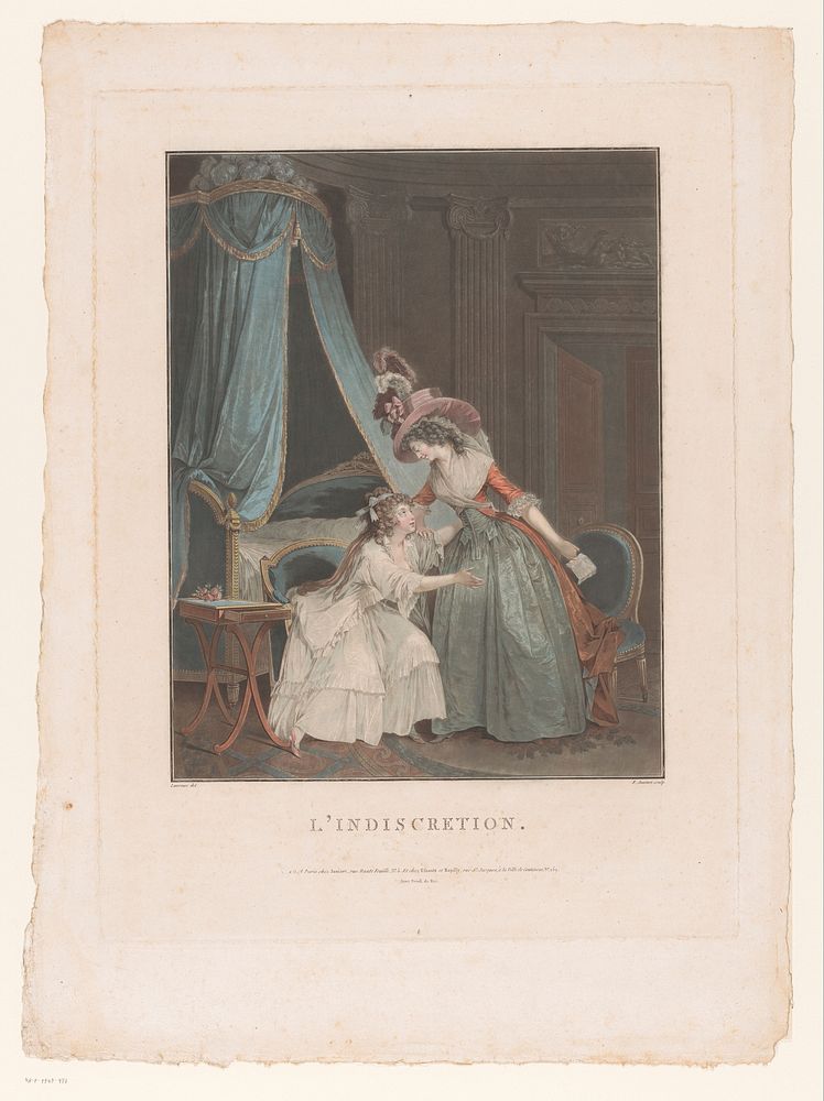 Slaapkamer met twee vrouwen met een brief (1766 - 1804) by Jean François Janinet, Niclas Lafrensen II, Jean François…