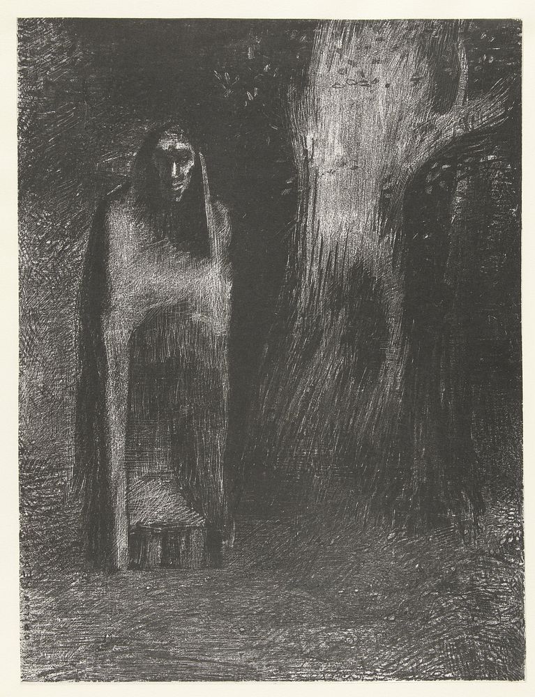 Een man wordt eenzaam in een nachtelijk landschap (1886) by Odilon Redon, Lemercier and Cie and L Dumont
