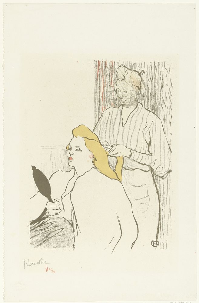 Kapster kamt haren van zittende vrouw met spiegel in hand (1893) by Henri de Toulouse Lautrec, Edouard Kleinmann and Eugène…