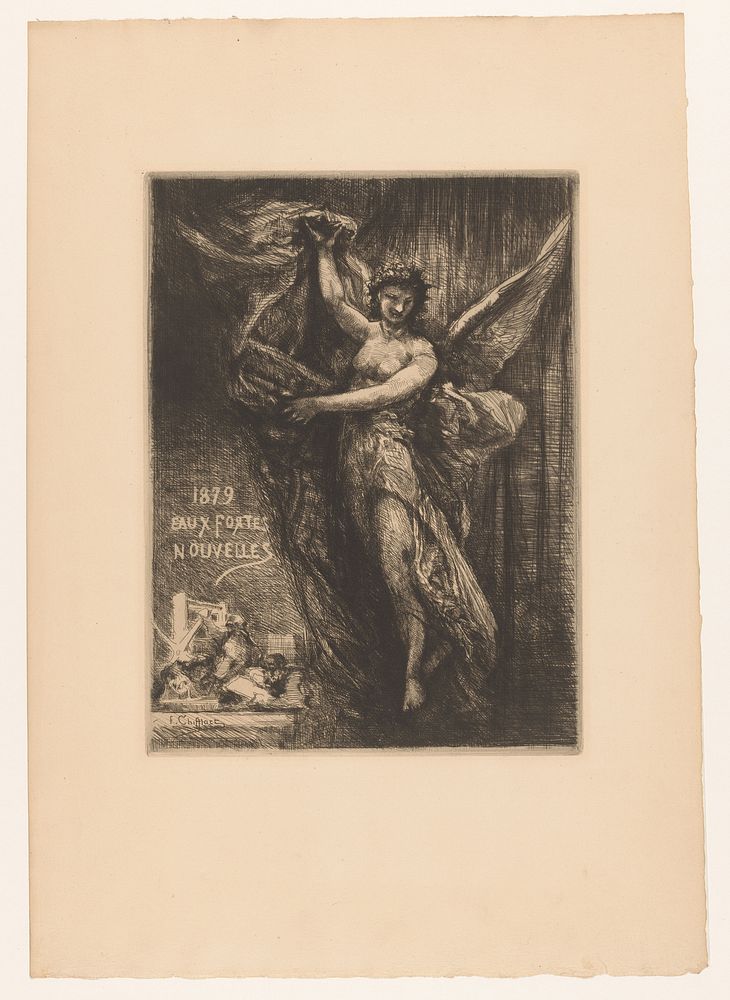 Titelprent met engel en drukpers (1879) by François Nicolas Chifflart