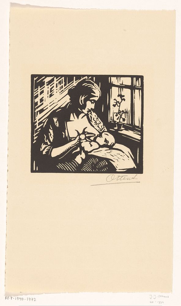Vrouw die een kind borstvoeding geeft (1905 - 1930) by Jacques Jeichienus Ottens