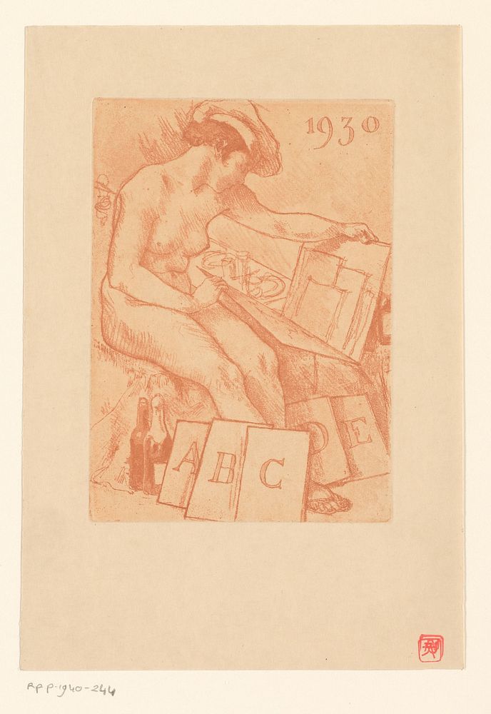 Naakte vrouw kijkt in een map met papieren (1930) by Armand Rassenfosse