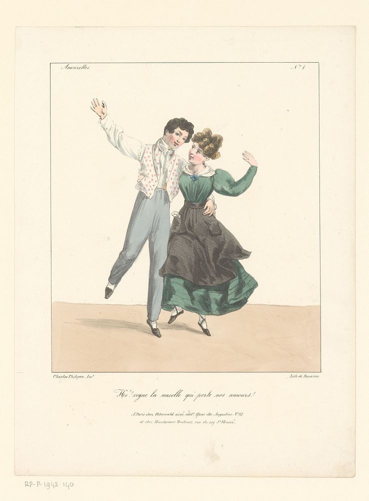 Dansende jonge man en vrouw (1827 - 1829) by Charles Philipon, Charles Philipon, Pierre François Ducarme, Jean Fréderic…