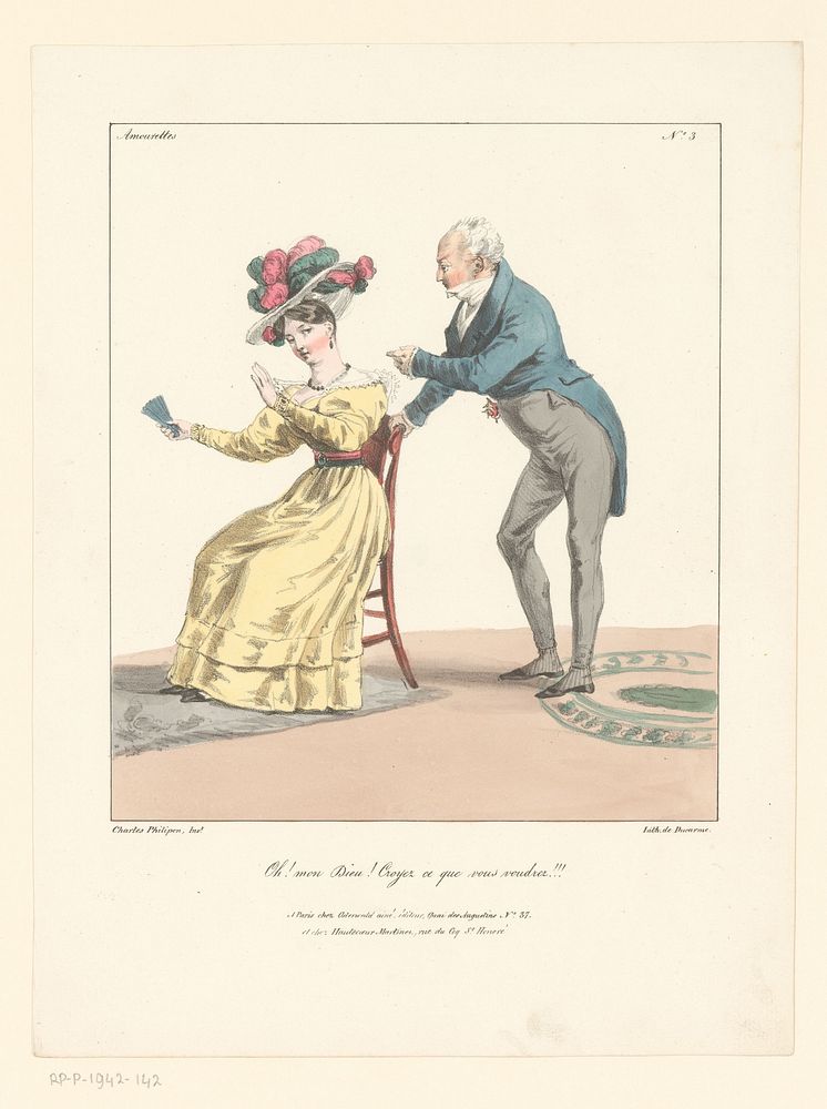 Man spreekt jonge vrouw streng toe (1827 - 1829) by Charles Philipon, Charles Philipon, Pierre François Ducarme, Jean…