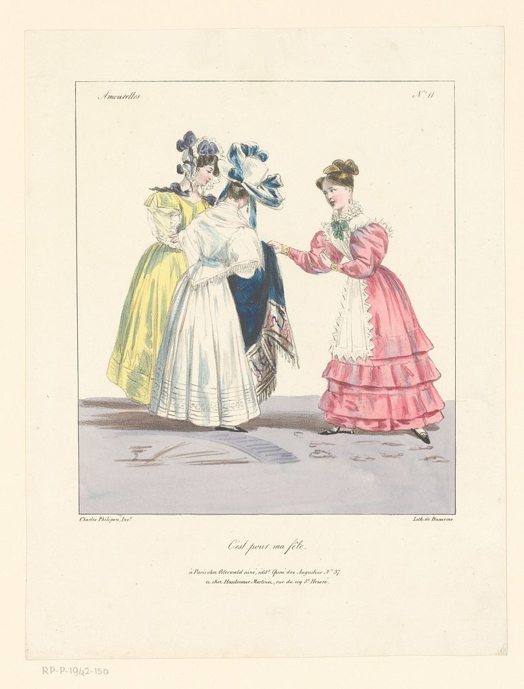 Vrouw laat twee andere vrouwen een stuk stof zien (1827 - 1829) by Charles Philipon, Charles Philipon, Pierre François…