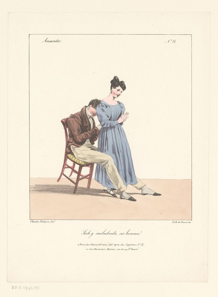 Man helpt vrouw met het vastmaken van haar jurk (1827 - 1829) by Charles Philipon, Charles Philipon, Pierre François…