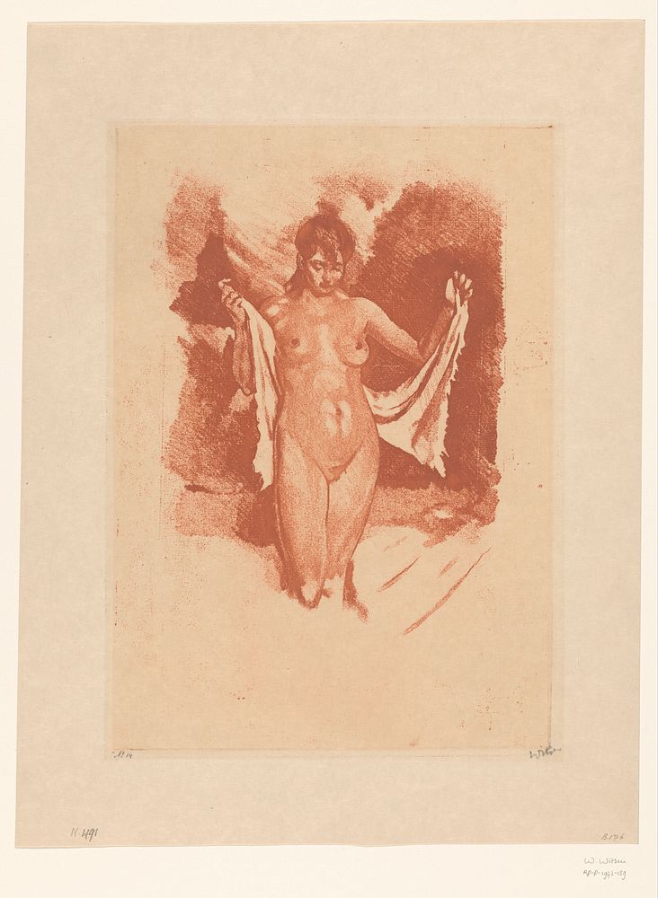 Staande, naakte vrouw die zich afdroogt (c. 1919) by Willem Witsen