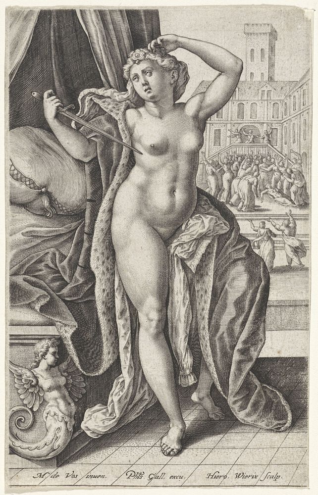Dood van Lucretia (1563 - before 1600) by Hieronymus Wierix, Maerten de Vos and Philips Galle