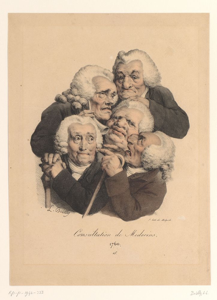 Karikatuur van vijf artsen met pruiken die elkaar raadplegen (1823) by Louis Léopold Boilly and François Séraphin Delpech