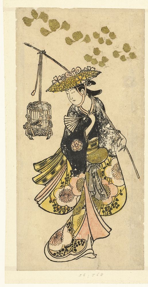 Jonge vrouw met vogelkooi (1720 - 1730) by Okumura Toshinobu