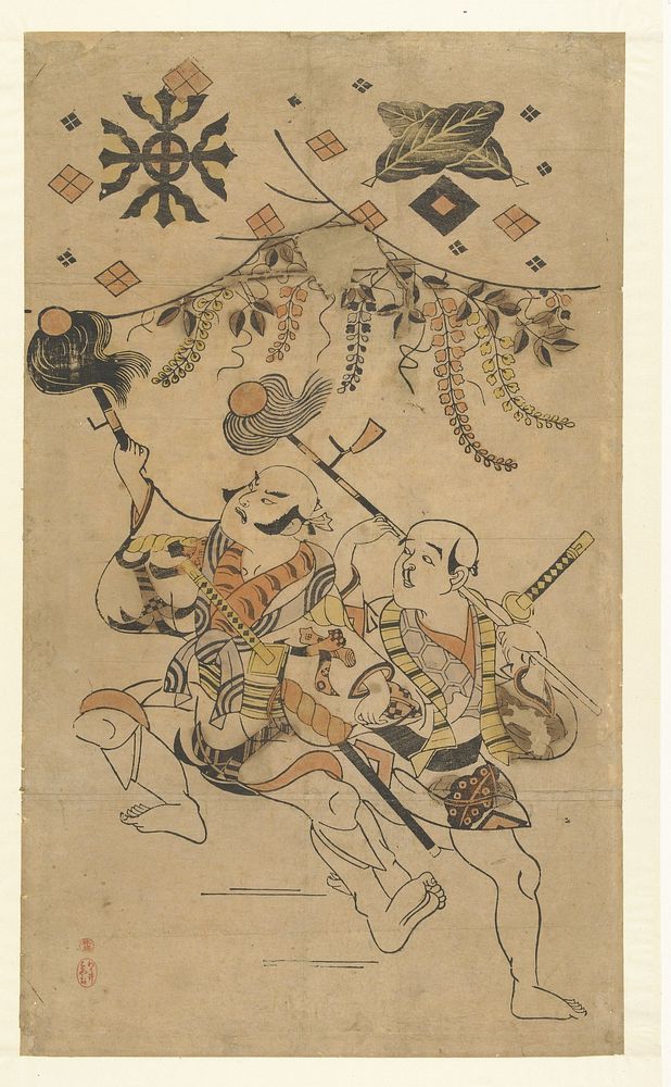 Acteurs Nakamura Denkuro I en Bando Matakuro, in de rol van Yakko, een speerdans uitvoerend (1710 - 1715) by Kiyonobu I …