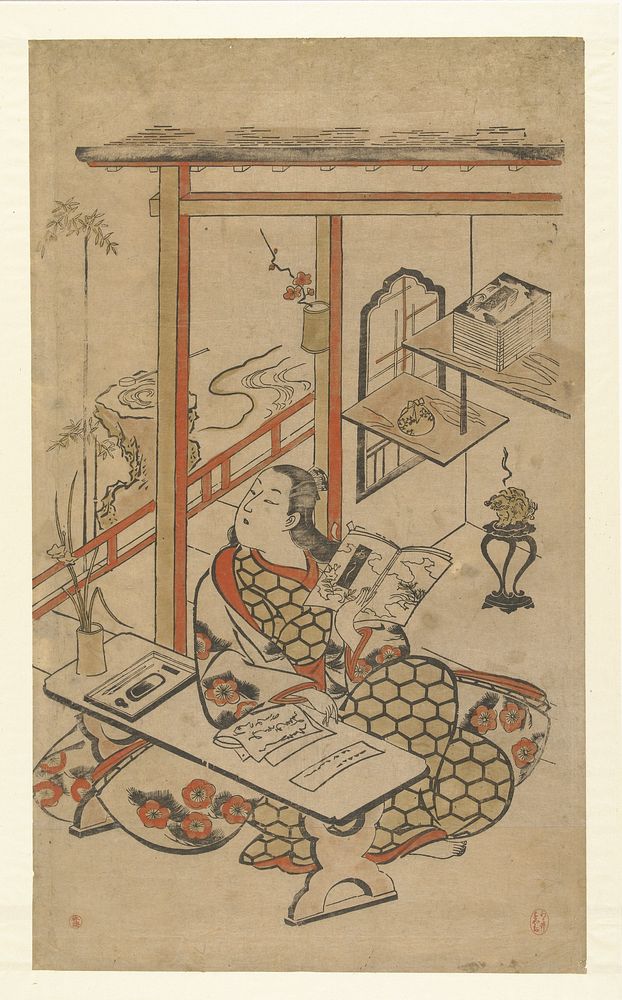 Vrouw aan tafel,  lezend in de "Vertelling van Genji". (1710 - 1720) by Kiyomasu I  Torii