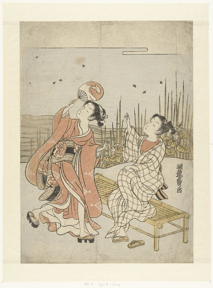 Jongeman en meisje kijkend naar vuurvliegjes (1770 - 1780) by Isoda Kôryûsai