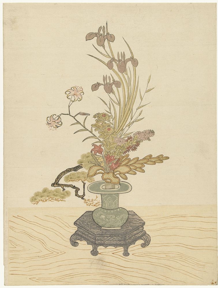 Ikebana bloemstuk in groene vaas (1765 - 1766) by Ippitsusai Bunchô