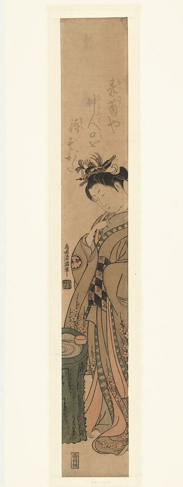 Acteur Segawa Kikunojo II in vrouwenrol (1760 - 1765) by Torii Kiyomitsu I and Mikawaya Rihan Rihei Hosendo