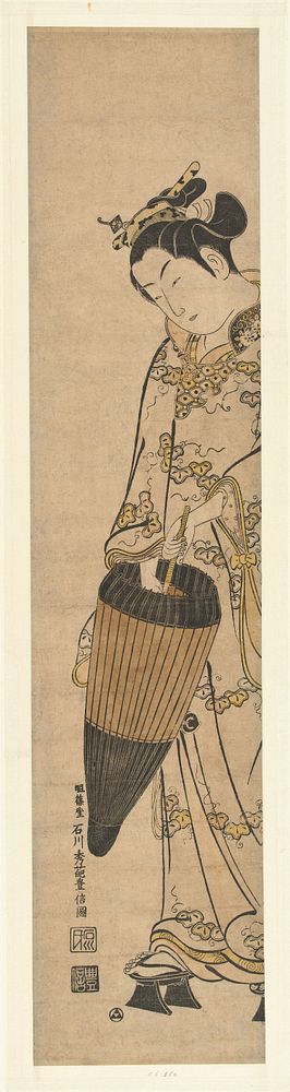 Vrouw in regenjas met gestileerd vlinder patroon, een naar benenden gerichte paraplu openend. (1740 - 1745) by Ishikawa…