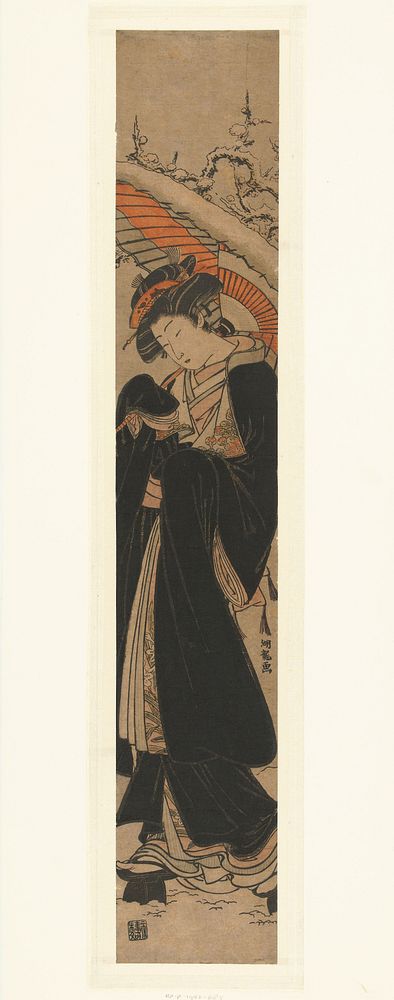 Vrouw in de sneeuw (1770 - 1780) by Isoda Kôryûsai and Nishimura Yohachi