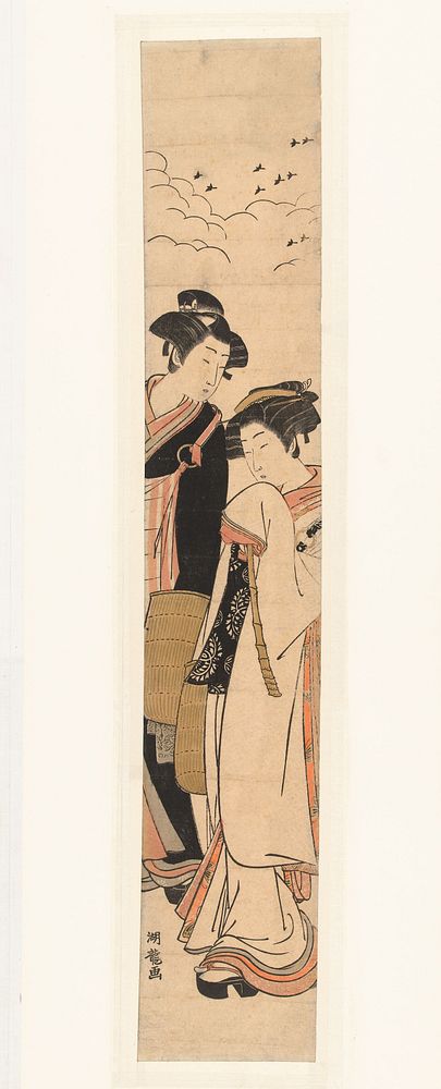 Geliefden Komurasaki en Gompachi vermomd als bedelmonniken (1770 - 1780) by Isoda Kôryûsai