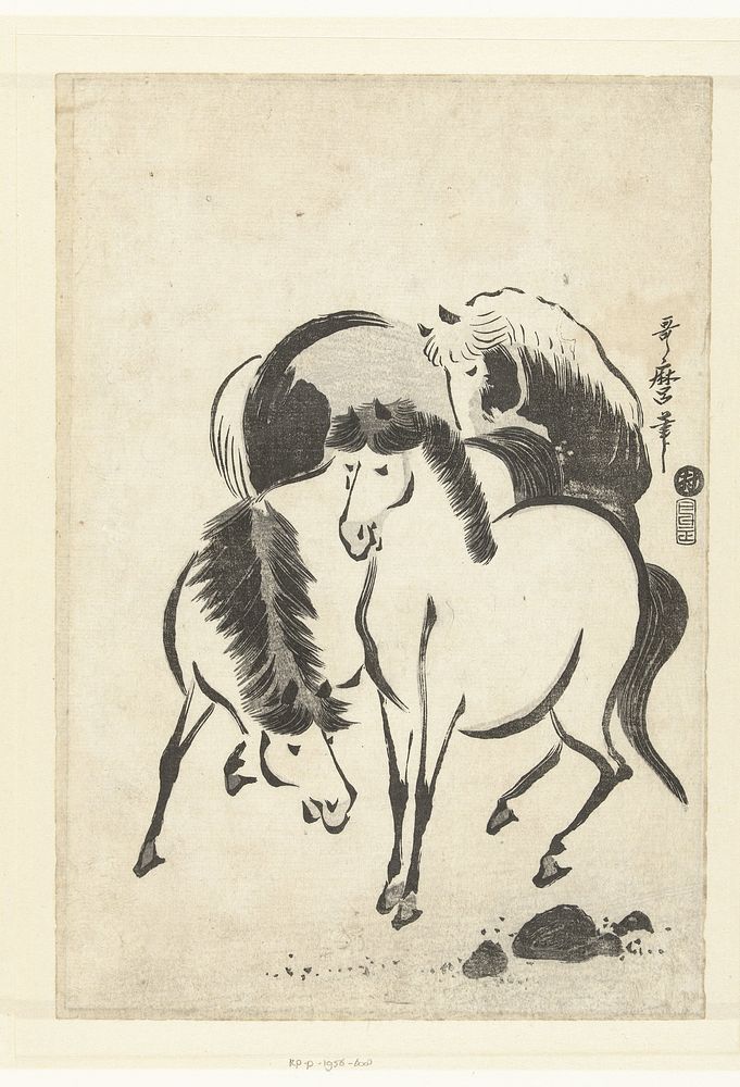 Drie paarden (1800) by Kitagawa Utamaro and Murata Heiemon