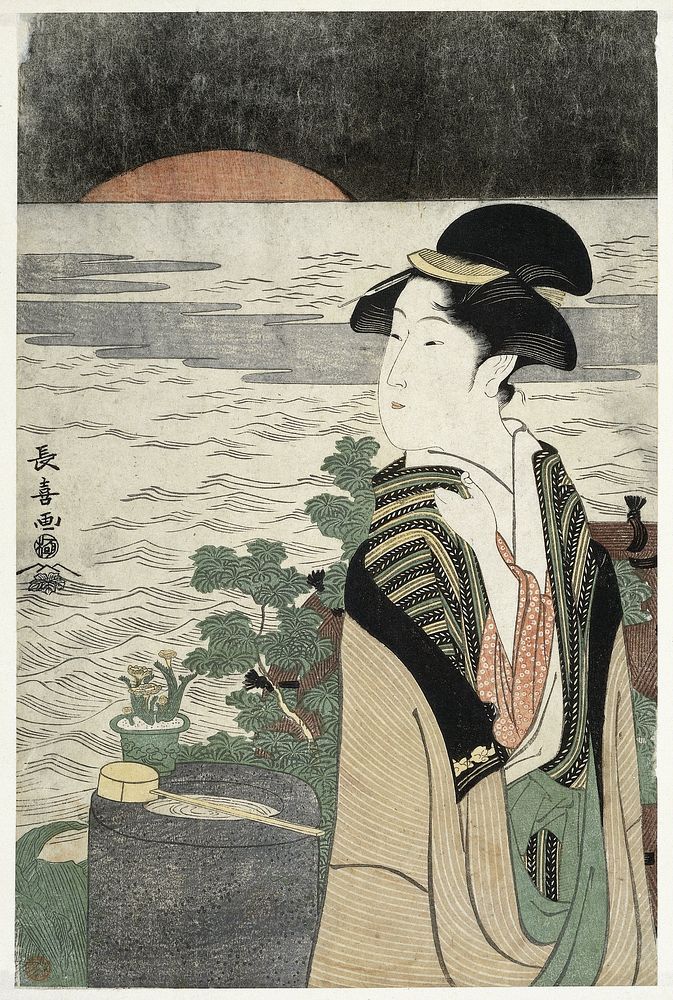 Jonge vrouw bij zonsopkomst (1793 - 1797) by Momokawa Chôki and Tsutaya Juzaburo Koshodo