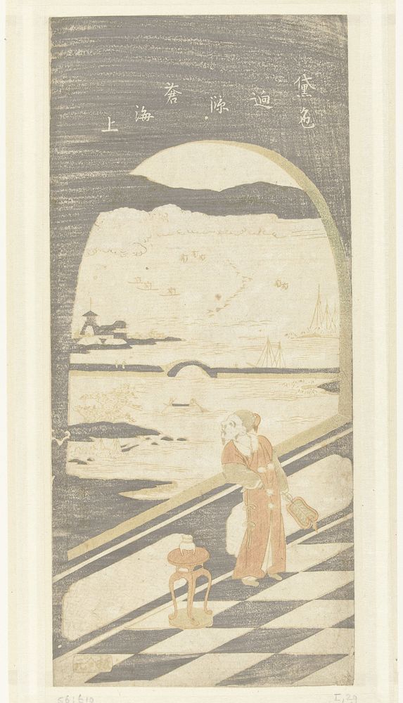 Chinese dichter uitkijkend over waterlandschap (1761 - 1765) by Suzuki Harunobu and Harimaya Shinshichi