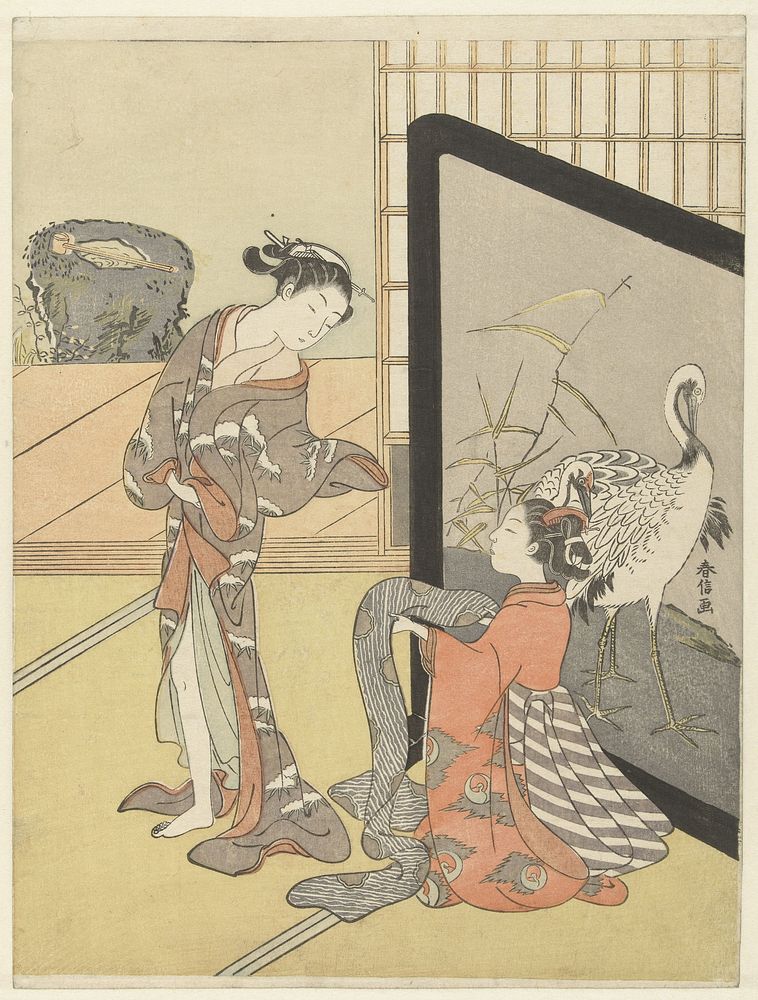 Het kiezen van een obi (1765 - 1770) by Suzuki Harunobu
