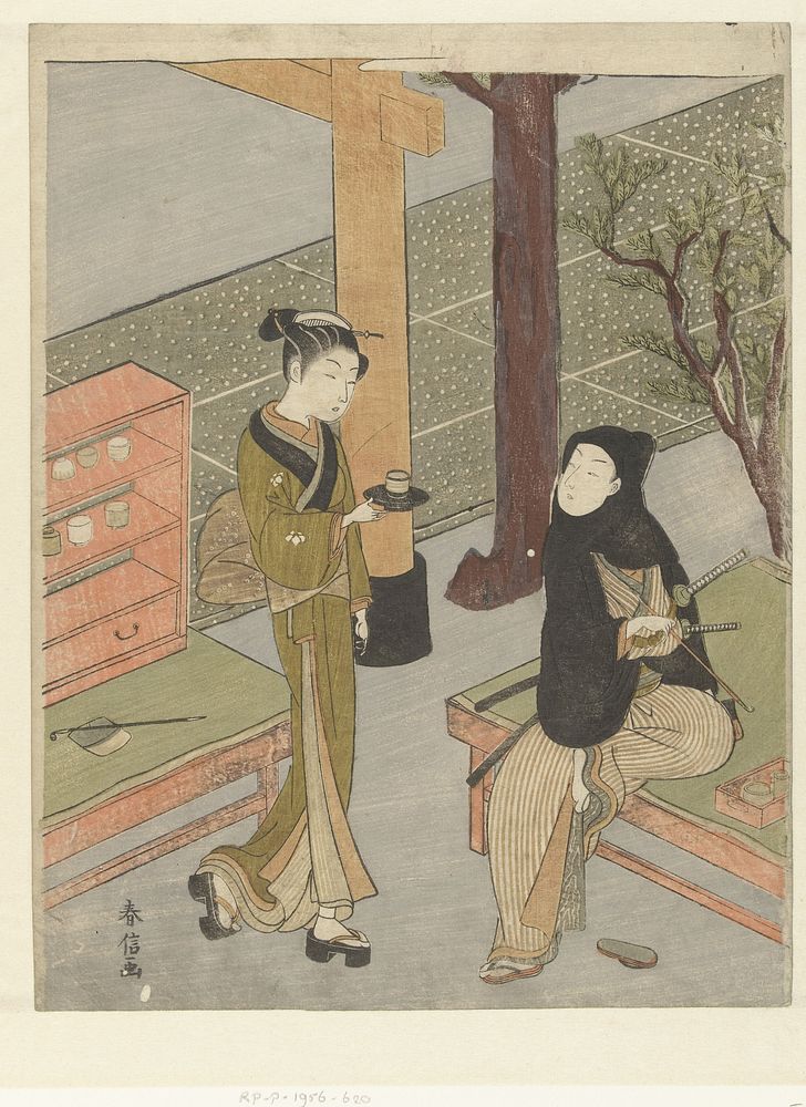 Osen serveert thee aan een klant van haar theekraampje bij het Kasamori heiligdom. (1768 - 1772) by Suzuki Harunobu and…