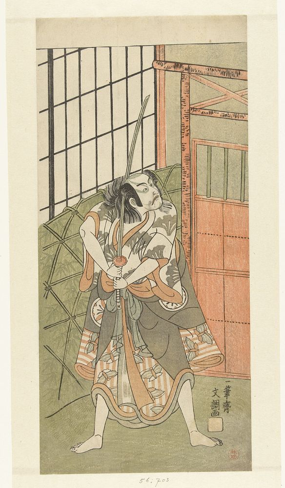 Acteur Matsumoto Koshiro III in de rol van Soga no Goro (1769) by Ippitsusai Bunchô
