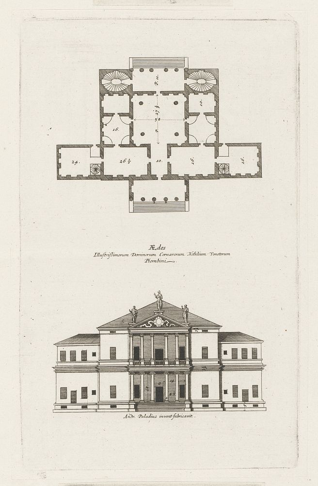 Plattegrond en façade van villa ontworpen door Andrea Palladio (1600 - 1699) by anonymous and Andrea Palladio