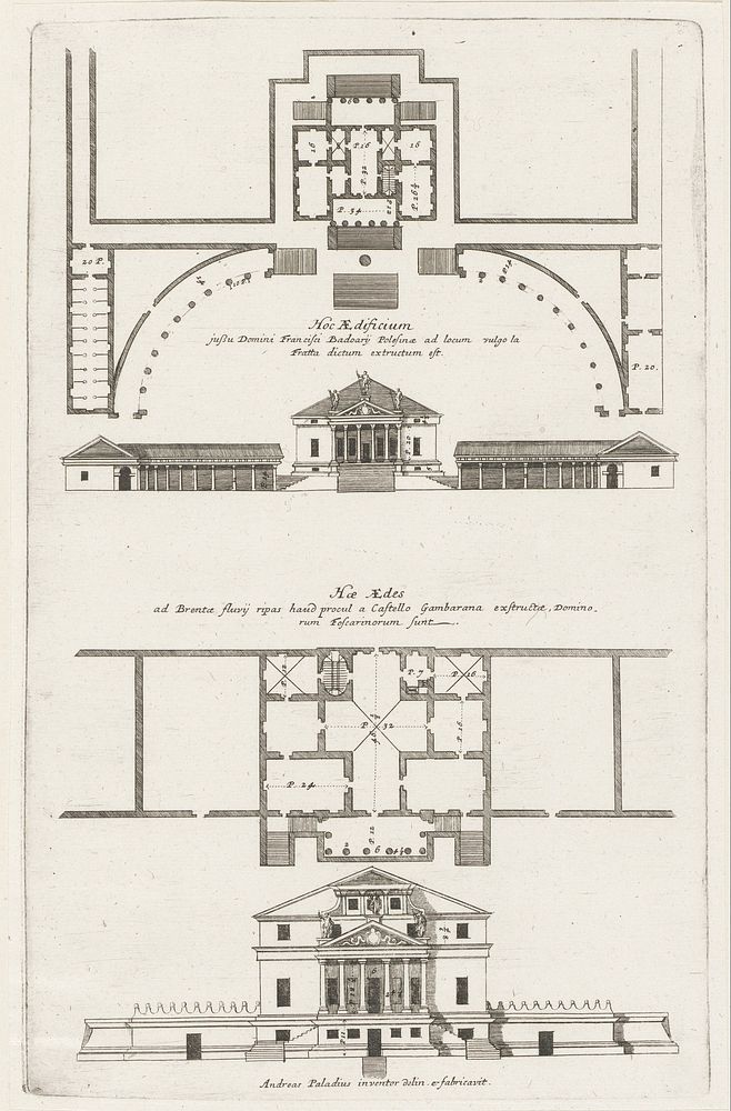 Plattegronden en façades van twee villa's ontworpen door Andrea Palladio (1600 - 1699) by anonymous and Andrea Palladio