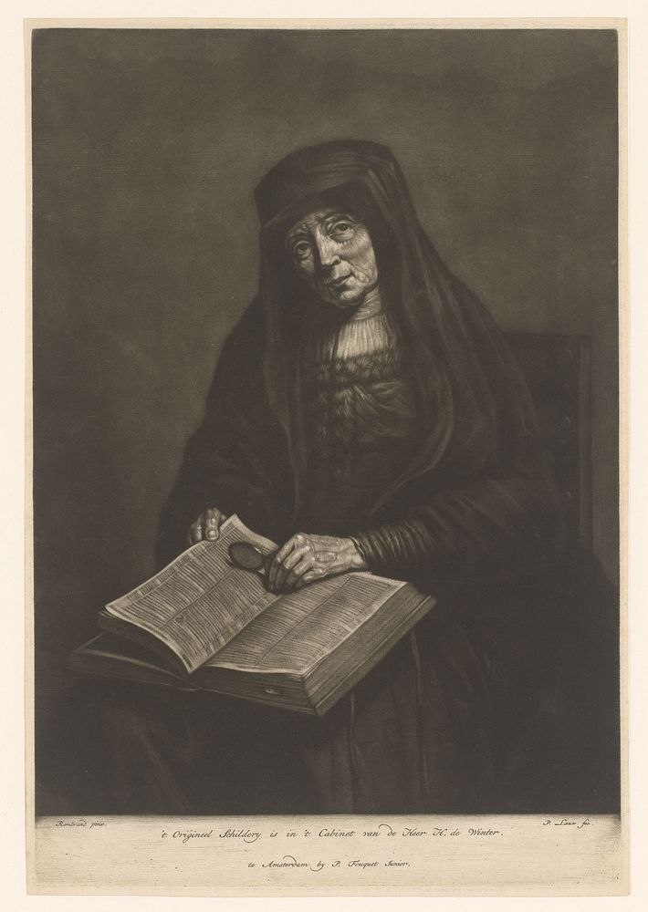 Oude vrouw met bijbel op de schoot, mogelijk de moeder van Rembrandt (1739 - 1800) by Pieter Louw, Rembrandt van Rijn and…