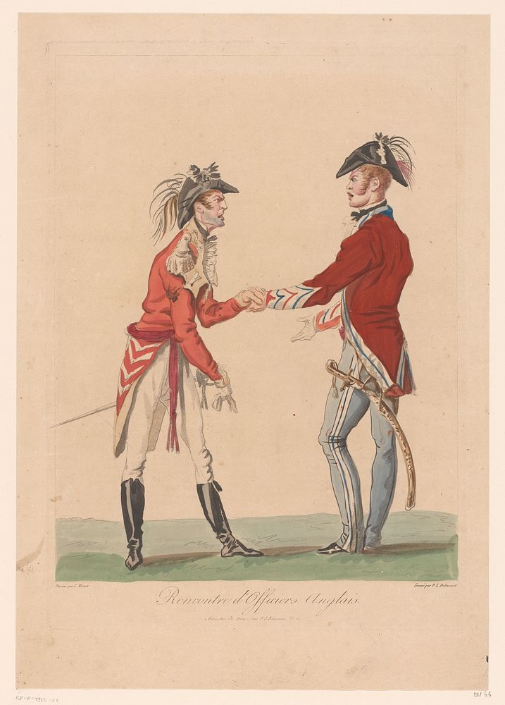 Twee officieren die elkaar de hand schudden (1814) by Philibert Louis Debucourt, Carle Vernet and Charles Bance