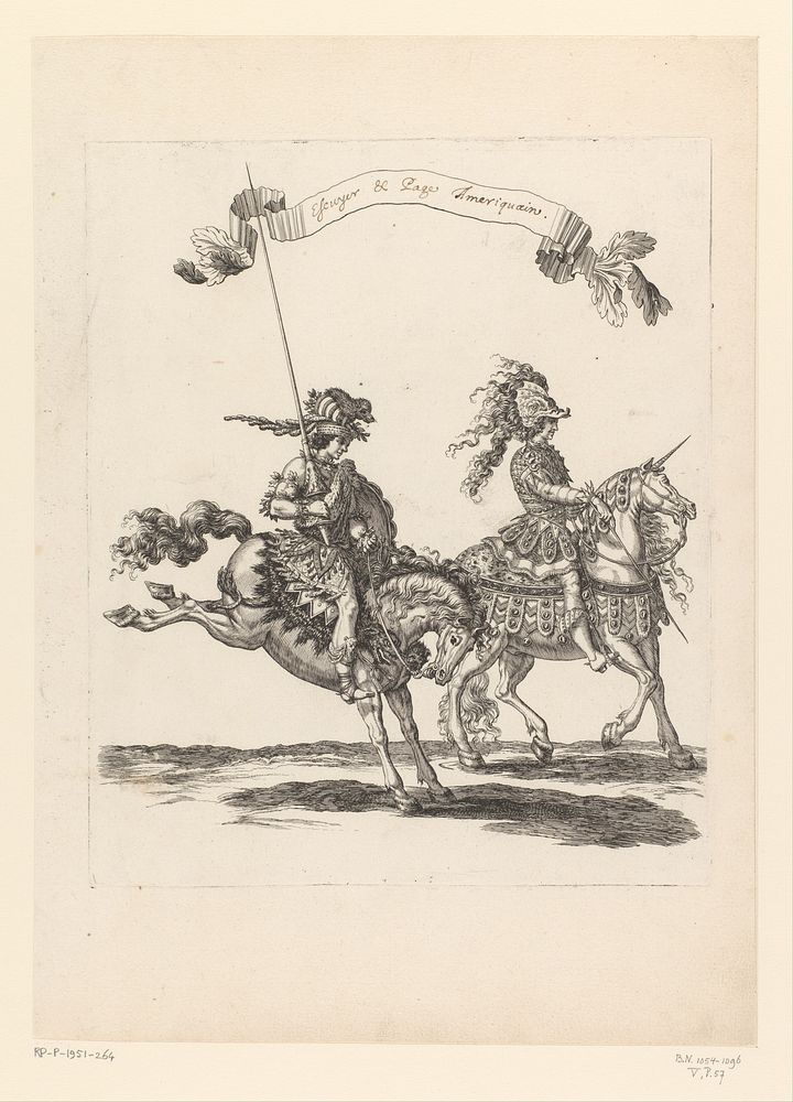 Steekspeler en bediende verkleed als wildeman op een paard en een paard verkleed als eenhoorn (1670) by François Chauveau…