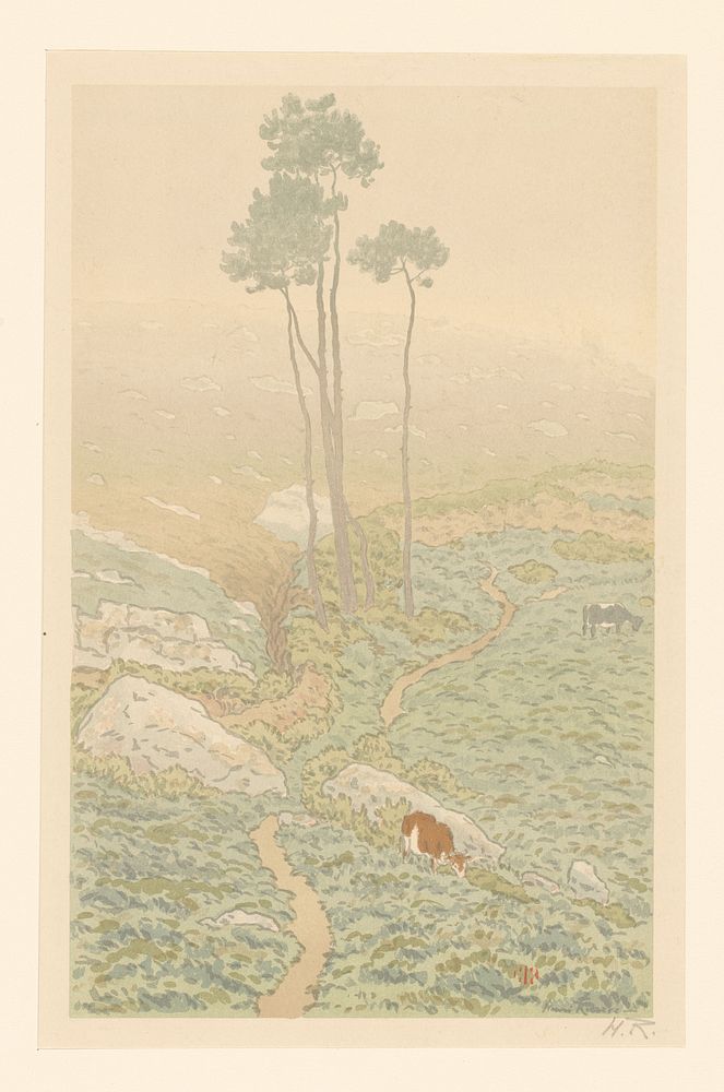 Bretons landschap met koeien in de nevel (1902 - 1951) by Henri Rivière and Henri Rivière