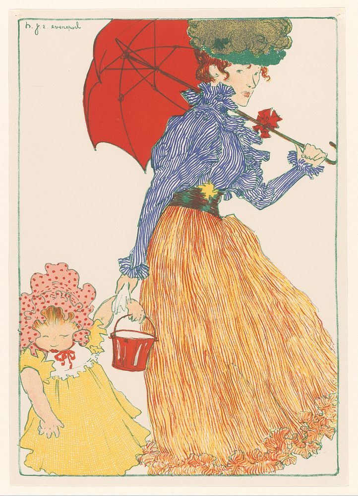 Vrouw met rode paraplu houdt een meisje vast aan haar arm (1897) by Henri Evenepoel, Ferdinand Amand Champenois and Alphonse…