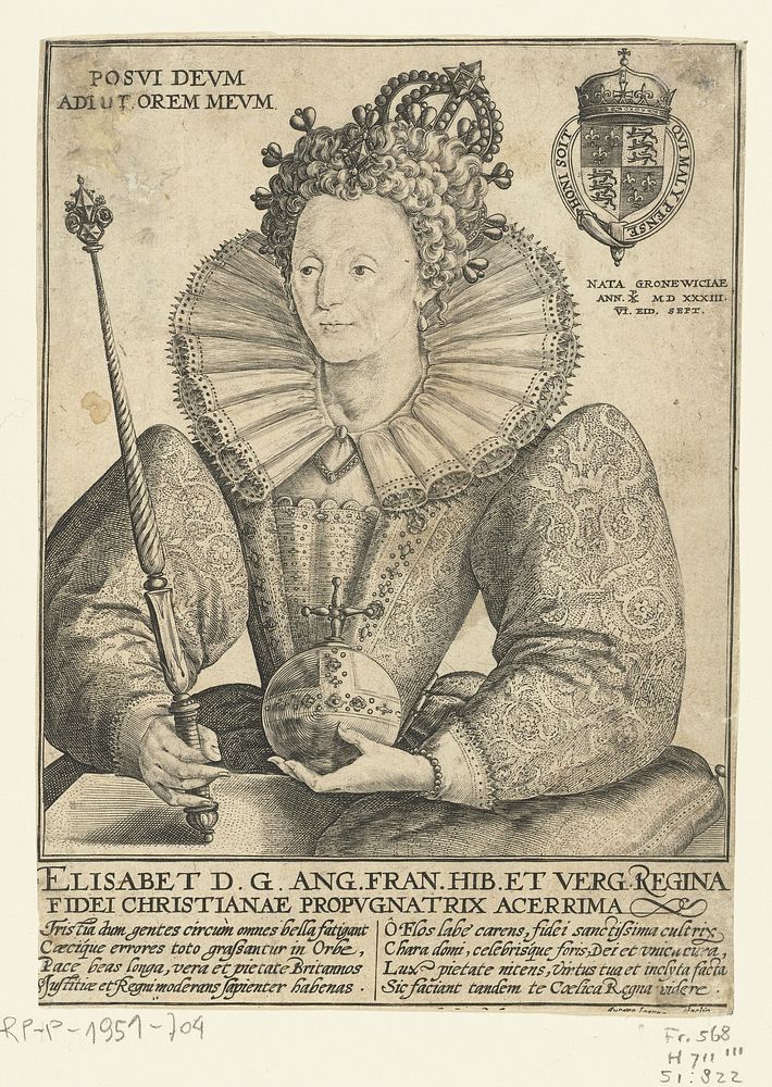 Portret van Elizabeth I Tudor, ten halven lijve (1592) by Crispijn van de Passe I and Joanne Waldnelio