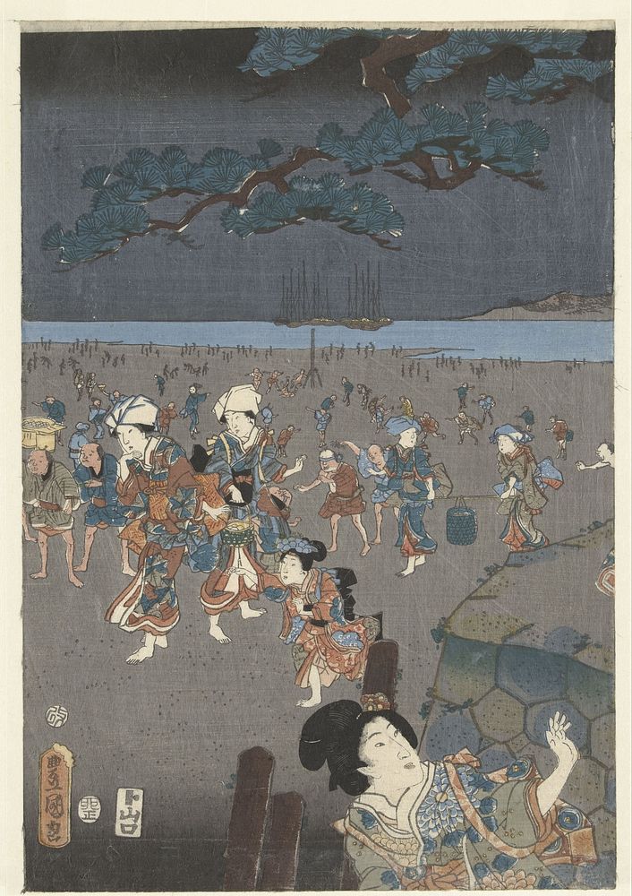 Schelpen rapen op het strand van Akashi (1855) by Utagawa Kunisada I and Yamaguchiya Tobei