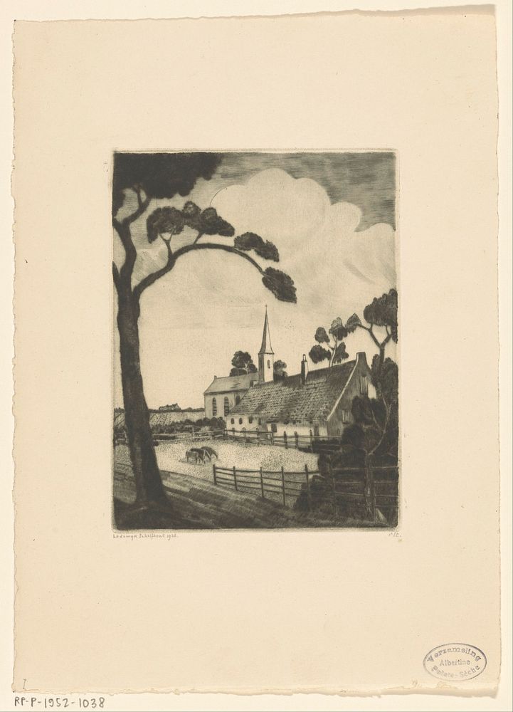 Landschap met kerk en boerderij (1926) by Lodewijk Schelfhout and N V Roeloffzen and Hübner