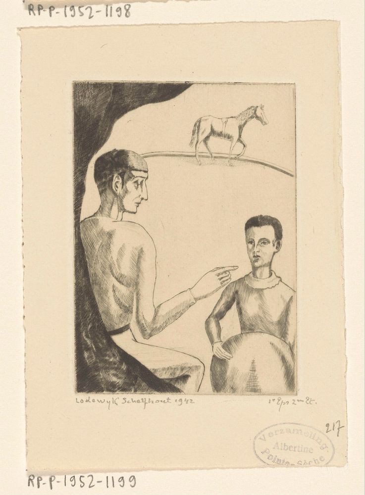 Twee acrobaten bij een circuspiste met paard (1942) by Lodewijk Schelfhout and N V Roeloffzen and Hübner