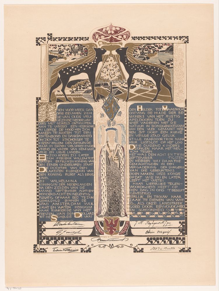 Oorkonde bij de hulde aan Koningin Wilhelmina van de burgerij van Apeldoorn (1898) by Carel Adolph Lion Cachet and Pet…