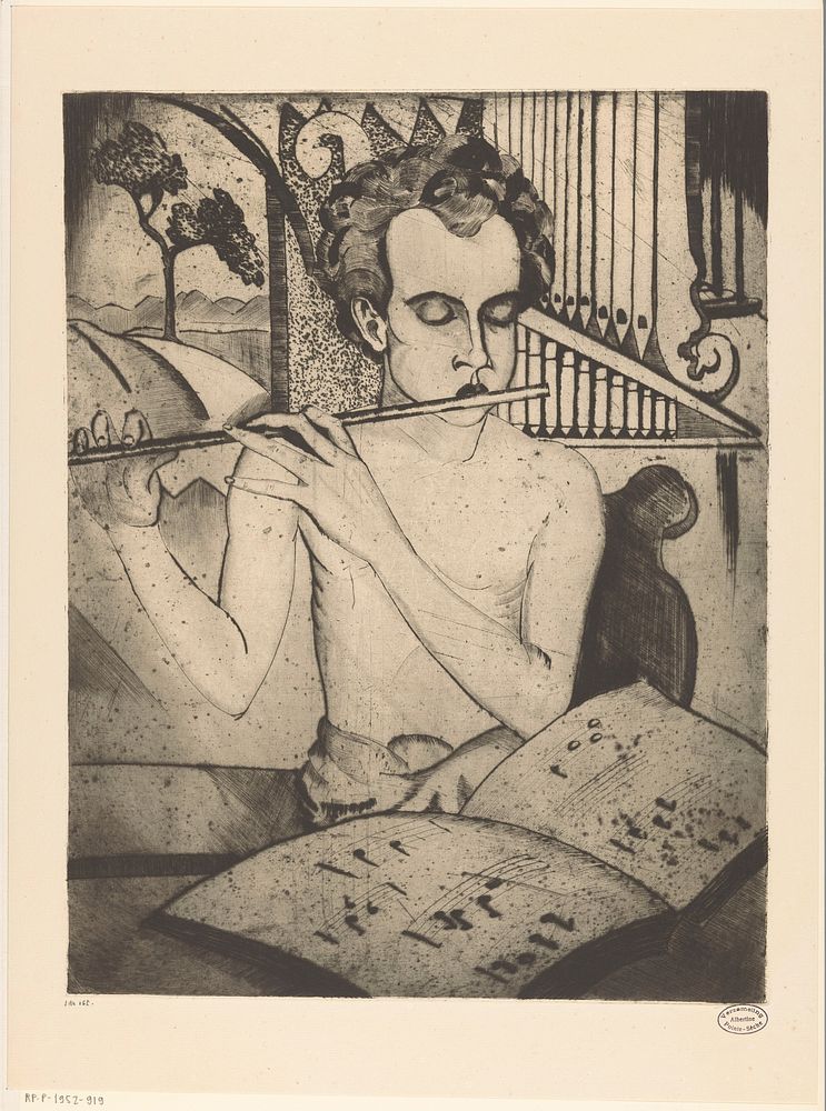Halfnaakte jongen die een fluit bespeelt (1918) by Lodewijk Schelfhout and N V Roeloffzen and Hübner