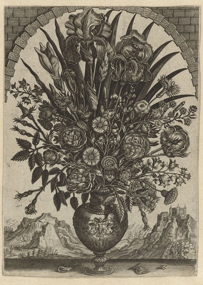 Vaas met bloemen in een boogvormig venster (1570 - 1618) by anonymous and Adriaen Collaert