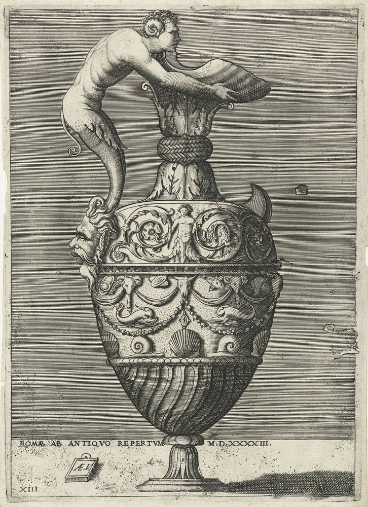 Kan met een oor in de vorm van een sater die staat op een mascaron (1533 - 1567) by Enea Vico, Enea Vico and anonymous
